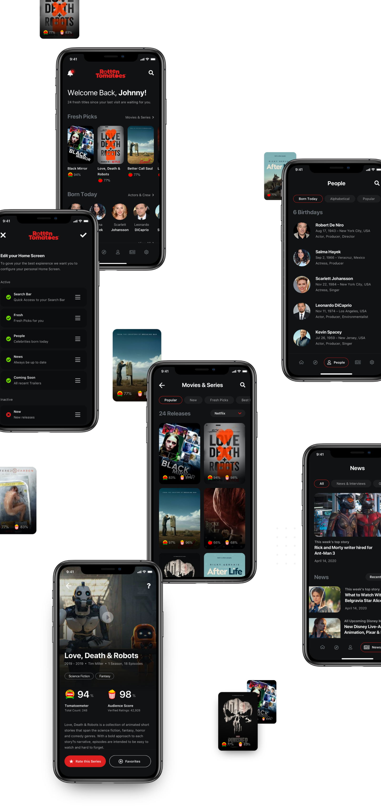 Rotten Tomatoes visual design system and app screens